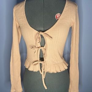 Pink bow tie long sleeve low cut top